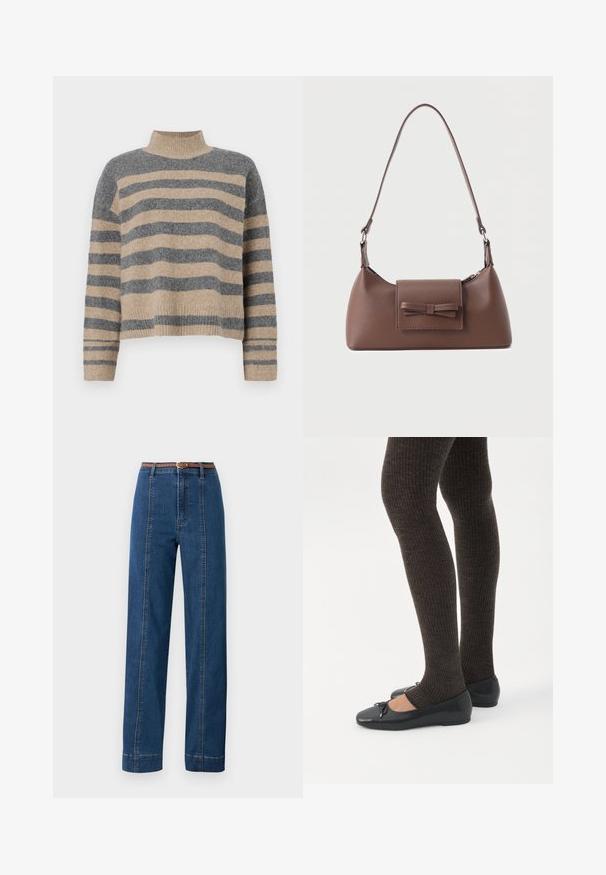 Suéter de punto a rayas en colores gris y beige, con cuello alto, mangas anchas con puños, y un corte relajado con un diseño recortado.; Jeans de mezclilla en azul oscuro con un corte recto, cintura alta y cinturón trenzado marrón. Presenta costuras en contraste a lo largo de las costuras laterales.; Piernas con leggings oscuros acanalados combinados con bailarinas negras que presentan pequeños detalles de lazo sobre un fondo blanco.; Bolso bandolera de cuero marrón con un bolsillo frontal de solapa que presenta un detalle de moño cosido y una correa ajustable.