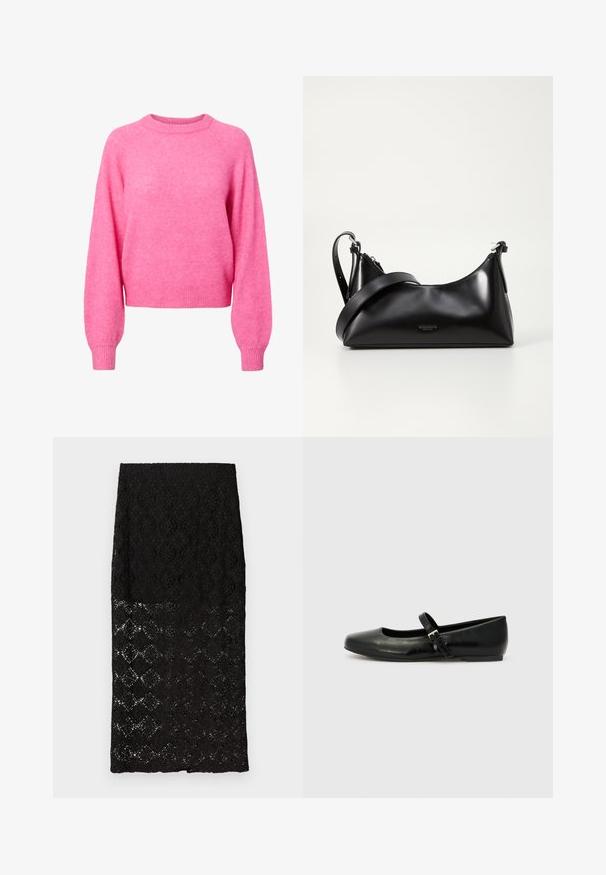 Helles pinkes Langarm-Crewneck-Sweatshirt mit gerippten Bündchen und Saum, aus weichem, flauschigem Strickstoff.; Schwarzer Spitzen-Bleistiftrock mit floralem und geometrischem Muster, durchscheinendem unteren Teil, geradem Saum, flach auf weißem Hintergrund präsentiert.; Schwarze Leder-Ballerinas mit einer runden Spitze, einer flachen Sohle und einem dünnen, verstellbaren Riemen über dem Spann mit einer Metallschnalle.; Schwarze lederne Handtasche mit glatter Textur. Verfügt über einen verstellbaren Riemen und ein elegantes, minimalistisches Design mit einem Reißverschluss.