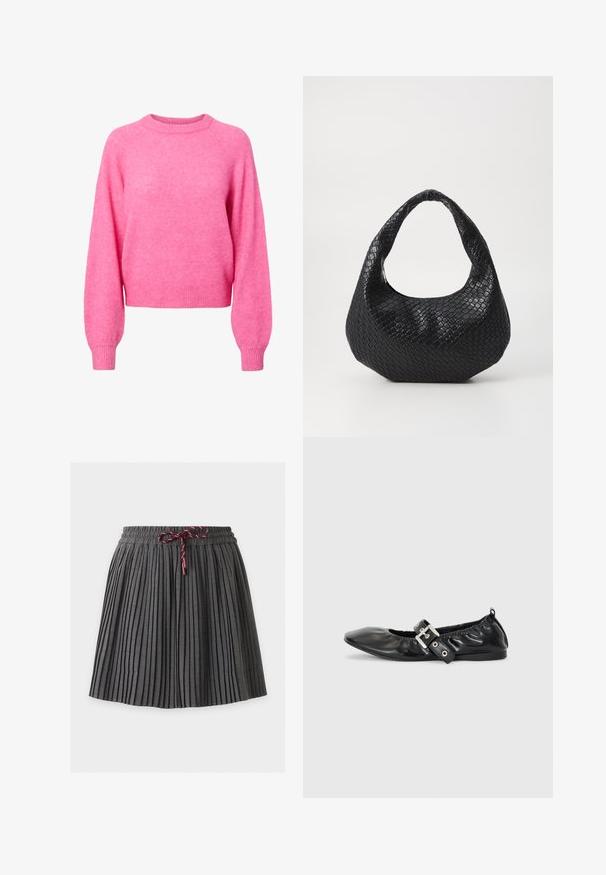 Lys pink langærmet crewneck trøje med ribbede manchetter og kant, lavet af blødt, fuzzy strikstof.; Mørkegrå plisseret nederdel med elastik i taljen og en bundet vinrød snor foran i midten.; Sorte læder flade sko med spids tå, samling detaljer omkring åbningen, og en sølv spænde accent på den justerbare rem.; Sort flettet håndtaske med et buet håndtag, der har en struktureret overflade og en afslappet form. Glat finish med en organisk silhuet.