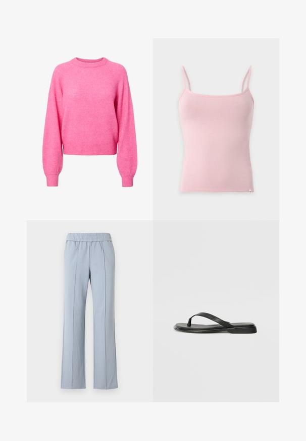 Helles pinkes Langarm-Crewneck-Sweatshirt mit gerippten Bündchen und Saum, aus weichem, flauschigem Strickstoff.; Hellrosa ärmelloses Camisole-Top mit dünnen Trägern, flach auf einem hellgrauen Hintergrund präsentiert.; Hellblaue Hose mit elastischem Bund, geradem Schnitt und Vorderfalten. Hergestellt aus weichem Stoff mit glatter Textur.; Schwarze Flip-Flops aus glattem Leder, mit einem dünnen Riemendesign und einer flachen Sohle mit minimalem Profil. Keine bemerkenswerten Muster oder Akzente.