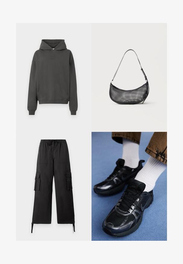 Donkergrijze hoodie van zacht materiaal, met een trekkoord in de capuchon, geribde mouwen en een discreet logo op de voorkant gedrukt.; Tommy Jeans ELASTICATED PANT - Cargobroek - black; Zwarte Nike sneakers van mesh en synthetisch materiaal, met een gestructureerde bovenzijde, zwarte veters en duurzame rubberen zolen. Witte geribbelde sokken zichtbaar.; Kleine zwarte mesh schoudertas in halve maanvorm met verstelbare dunne band, tegen een effen lichte achtergrond.