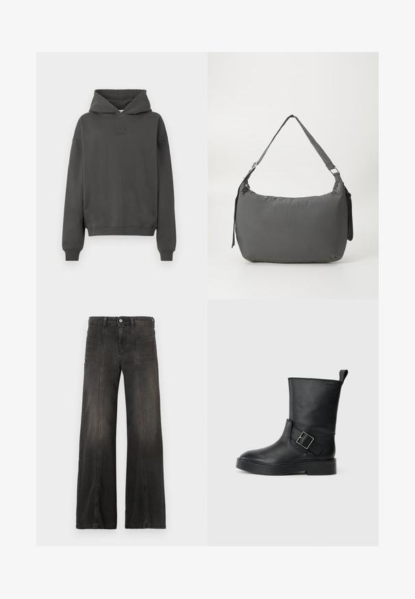 Donkergrijze hoodie van zacht materiaal, met een trekkoord in de capuchon, geribde mouwen en een discreet logo op de voorkant gedrukt.; Zwarte denim jeans met wijde pijpen en een vervaagde afwerking, voorzien van twee zakken aan de voorkant en gestikte details langs de naden. Hoge taille.; Zwarte leren enkelboot met een ronde neus, platte zool en een zilveren gespaccent aan de zijkant. Beschikt over een lus aan de achterkant.; Grijze, gewatteerde schoudertas met een gebogen vorm, een gladde textuur, een verstelbare schouderband en een subtiel reliëflogo aan de voorkant.