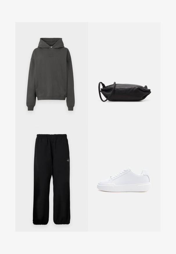 Donkergrijze hoodie van zacht materiaal, met een trekkoord in de capuchon, geribde mouwen en een discreet logo op de voorkant gedrukt.; Zwarte sweatpants met een elastische tailleband, losse pijpen en een klein logodetail aan de linkerzijde. Gladde stoftextuur.; Witte lage sneaker met vetersluiting, dikke zool en glad bovenwerk, gezien vanaf de buitenkant tegen een effen lichte achtergrond.; Zwarte leren clutch met een rechthoekige vorm, gladde textuur, dunne schouderband en minimalistisch ontwerp.