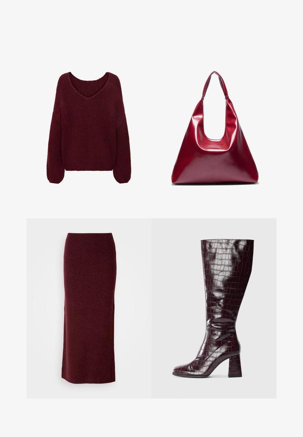 JDY Knitted JDYDINEA Knitted - Striktrøje - cabernet; Bordeaux uld maxi nederdel med en tætsiddende silhuet, glat tekstur og lige kant. Ingen synlige lukninger eller udsmykninger.; Mørkerød knæhøj støvle med krokodillemønster og blokhælm, vist fra siden på en hvid baggrund.; Rød blank lædertaske med en trekantet form, bred åbning foroven og et enkelt buet håndtag. Glat tekstur med minimale sømdetaljer.