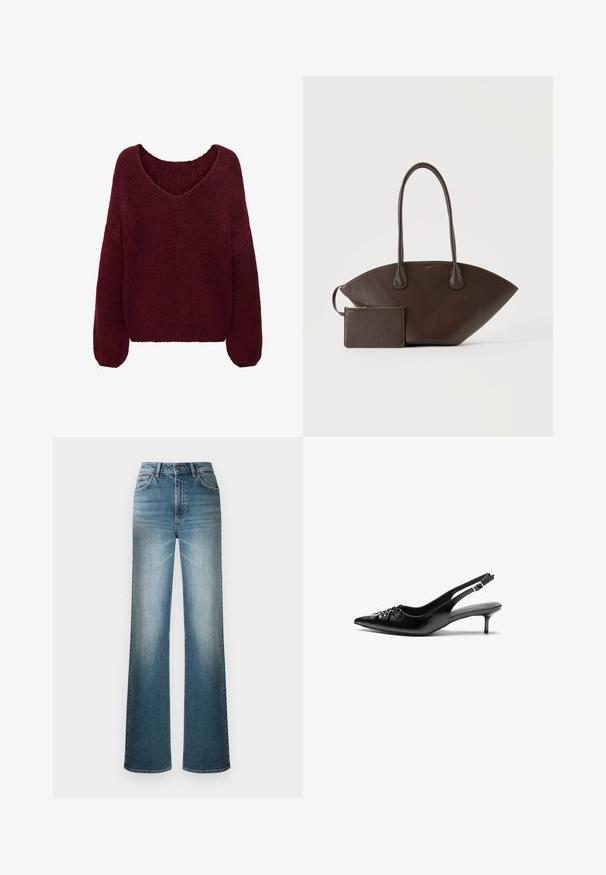 JDY JDYDINEA L/S REVERSIBLE PULLOV. KNT NOOS - Πουλόβερ - cabernet; Ανοιχτό μπλε τζιν με φαρδιά γραμμή, φτιαγμένο από denim. Διαθέτει ψηλή μέση, σχέδιο πέντε τσεπών και εφέ ξεθωριάσματος από πάνω μέχρι κάτω.; Μαύρα πέδιλα από δέρμα με λουράκι στη φτέρνα, μυτερή μύτη, χαμηλό τακούνι στιλέτο και ρυτιδωμένη λεπτομέρεια στην επάνω πλευρά. Λείο υλικό και μινιμαλιστικός σχεδιασμός.; Σκουρό καφέ δερμάτινη τσάντα χειρός με μακριές λαβές και μικρό ταίριασμα τσαντάκι με φερμουάρ πάνω σε απλό ανοιχτό φόντο.