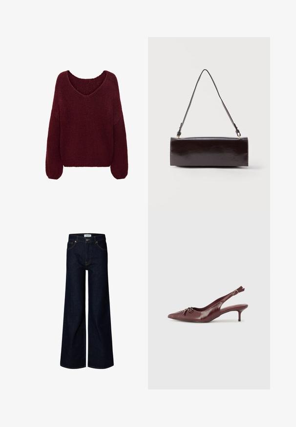 JDY JDYDINEA L/S REVERSIBLE PULLOV. KNT NOOS - Striktrøje - cabernet; Mørkeblå bredbenede denimjeans med frontknap og lynlås, bæltestropper og frontlommer, vist på en hvid baggrund.; Bordeaux læder slingback hæl med spidse tå, justerbar rem og dekorativ sløjfedetalje foran. 7,5 cm hælhøjde.; Rektangulær sort læderhåndtaske med en enkelt lang rem og blank finish, vist mod en ensfarvet hvid baggrund.