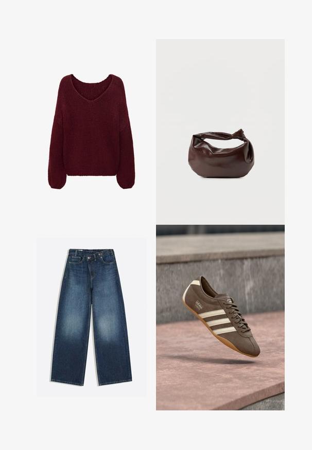 Pull en maille rouge foncé à manches longues et col en V large, avec une coupe ample et confortable.; Jean en denim bleu à jambes larges, taille haute, poches avant, passants de ceinture et décoloration au niveau des cuisses et des genoux.; Baskets en daim marron avec des rayures blanches et un logo, dotées d'un bout rond et d'une semelle en caoutchouc gomme, suspendues au-dessus d'une surface texturée.; Sac bandoulière en cuir marron foncé avec une forme souple et décontractée et une anse nouée torsadée sur un fond blanc uni.