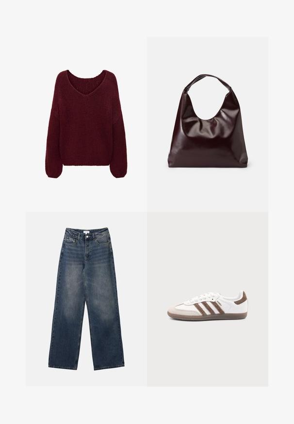 JDY Knitted JDYDINEA Knitted - Striktrøje - cabernet; Mænds højtaljede blå denim jeans med brede ben, frontknap og lynlås samt for- og baglommer.; Hvid Adidas Samba sneaker med brune ruskindstriber, brun gummisål og beige ruskindståhætte, vist fra ydersiden på en ensfarvet baggrund.; Bordeaux, skinnende vegansk læder tote taske med en blød, skulpturel form og et bredt, buet håndtag for nem bæring.