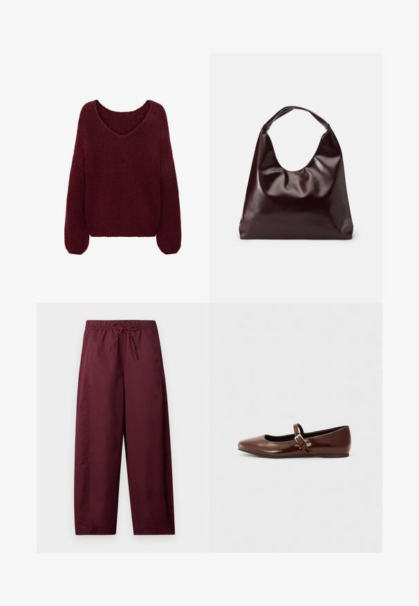 JDY JDYDINEA L/S REVERSIBLE PULLOV. KNT NOOS - Πουλόβερ - cabernet; Μπορντό παντελόνι φαρδιάς εφαρμογής με ελαστική μέση και κορδόνι, ίσια μπατζάκια, χωρίς ορατές τσέπες ή σχέδια.; Καφέ πατεντα δερμάτινη μπαλαρίνα με τετράγωνη μύτη και λουράκι που διαθέτει μια μικρή χρυσή πόρπη. Λείος υφή, χαμηλό τακούνι και μινιμαλιστικός σχεδιασμός.; Μπορντό, γυαλιστερή τσάντα tote από vegan δέρμα με μαλακή, γλυπτική μορφή και ευρεία, καμπυλωτή λαβή για εύκολη μεταφορά.