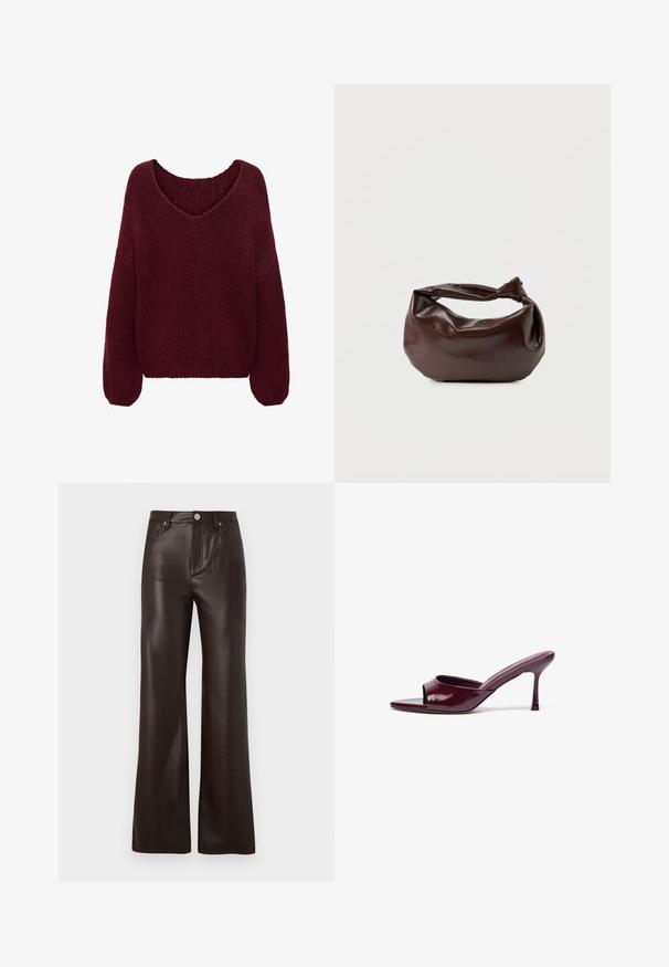 JDY JDYDINEA L/S REVERSIBLE PULLOV. KNT NOOS - Pullover - cabernet; Vero Moda Wide-leg VMTESSA High rise - Pantalon classique - chocolate torte; Sandales à glissière ouvertes en cuir verni bourgogne avec une forme courbée et un talon aiguille fin. Texture lisse avec un minimum de détails.; Sac bandoulière en cuir marron foncé avec une forme souple et décontractée et une anse nouée torsadée sur un fond blanc uni.