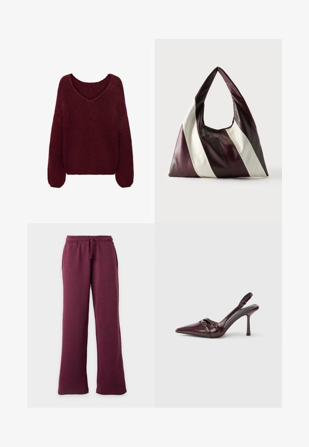 JDY JDYDINEA L/S REVERSIBLE PULLOV. KNT NOOS - Pullover - cabernet; Pantalon de survêtement bordeaux à jambes larges avec ceinture élastique et cordon, poches avant, présenté sur un fond clair uni.; Escarpin slingback en cuir verni bordeaux avec bout pointu, fine bride à la cheville et petit détail décoratif de boucle. Texture lisse et talon haut.; Grand sac à main triangulaire en cuir avec de larges rayures diagonales marron foncé, bordeaux et crème sur un fond uni.