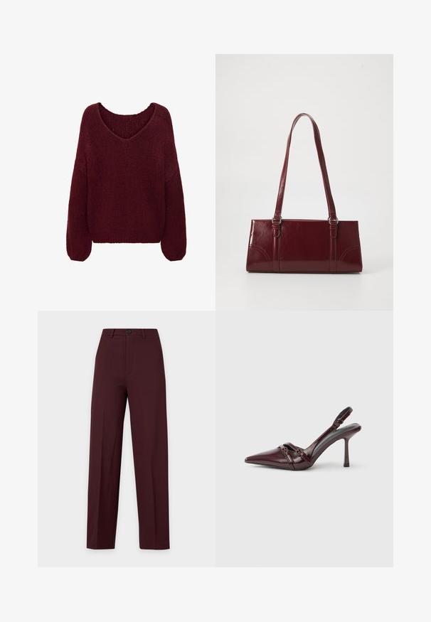 JDY JDYDINEA L/S REVERSIBLE PULLOV. KNT NOOS - Pullover - cabernet; Pantalon bordeaux foncé à jambe droite avec fermeture à bouton et fermeture éclair, passants de ceinture et plis marqués, présenté sur fond uni.; Escarpin slingback en cuir verni bordeaux avec bout pointu, fine bride à la cheville et petit détail décoratif de boucle. Texture lisse et talon haut.; Sac à main bordeaux en matériau brillant, de forme rectangulaire, avec deux anses et des accents légèrement courbés à l'avant.