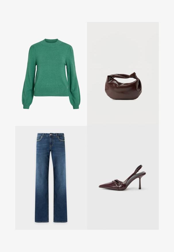 Pull en maille verte avec un col rond, des manches longues bouffantes et un ourlet côtelé. Texture lisse et silhouette ajustée.; Jean bleu foncé à coupe droite avec cinq poches, fermeture par bouton métal et petits clous argentés le long des bords des poches avant.; Escarpin slingback en cuir verni bordeaux avec bout pointu, fine bride à la cheville et petit détail décoratif de boucle. Texture lisse et talon haut.; Sac bandoulière en cuir marron foncé avec une forme souple et décontractée et une anse nouée torsadée sur un fond blanc uni.