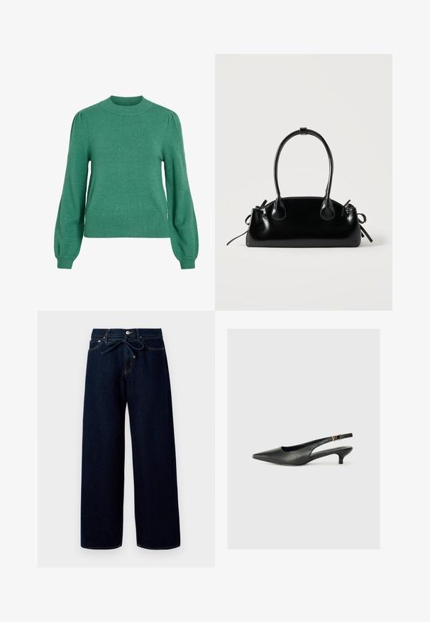 Pull en maille verte avec un col rond, des manches longues bouffantes et un ourlet côtelé. Texture lisse et silhouette ajustée.; Jean large bleu foncé en denim, doté d'une fermeture à bouton à l'avant et d'une taille à cordon, avec des détails de couture contrastants.; Chaussure slingback noire à bout pointu en cuir lisse. Présente un talon fin et un détail de boucle sur la sangle réglable.; Petit sac à main noir brillant avec deux longues anses et des détails à cordon sur les côtés sur un fond clair uni.