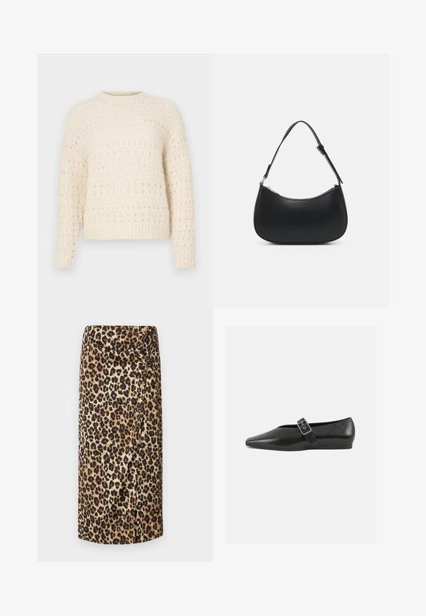 Cremefarvet sweater med struktureret strik, der har vandrette bånd og åbne masker. Rund halsudskæring og lange ærmer. Blødt, chunky materiale.; Leopardprint midi-nederdel, silkeagtig tekstur, neutral beige bund med sorte og brune pletter, draperet design med en snoet detalje ved taljen.; Sorte læder flade sko med spidse tæer, prydet med en metallisk spænde over vristen og en lav, fleksibel sål.; Pieces PCALUANA SHOULDER BAG - Håndtasker - black
