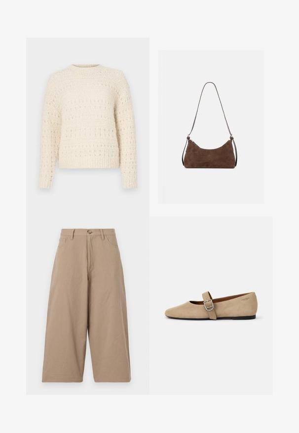 Pull en crème avec un tricot texturé, mettant en avant des bandes horizontales et des mailles ouvertes. Col rond et manches longues. Matière douce et épaisse.; Pantalons larges kaki en coton, dotés d'une taille haute, de poches frontales et d'une fermeture à bouton unique. Texture lisse et coupe droite.; Ballerines en daim beige de style Mary Jane avec un bout pointu et une seule sangle réglable dotée d'une boucle en métal argenté. Semelle plate noire.; Sac à épaule en daim marron avec une fermeture éclair incurvée en haut et une fine bandoulière réglable, présenté sur un fond clair uni.