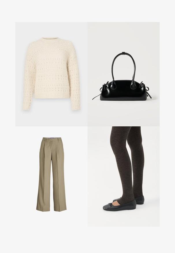 Cremefarvet sweater med struktureret strik, der har vandrette bånd og åbne masker. Rund halsudskæring og lange ærmer. Blødt, chunky materiale.; Beige vide ben bukser med høj talje, frontfolder og en glat stoftekstur. Klassisk design med en skræddersyet finish.; Ben iført mørke ribbede leggings kombineret med sorte balletsko med små sløjfedetaljer på hvid baggrund.; Lille sort blank håndtaske med to lange håndtag og snøre-detaljer i siden på en ensfarvet lys baggrund.