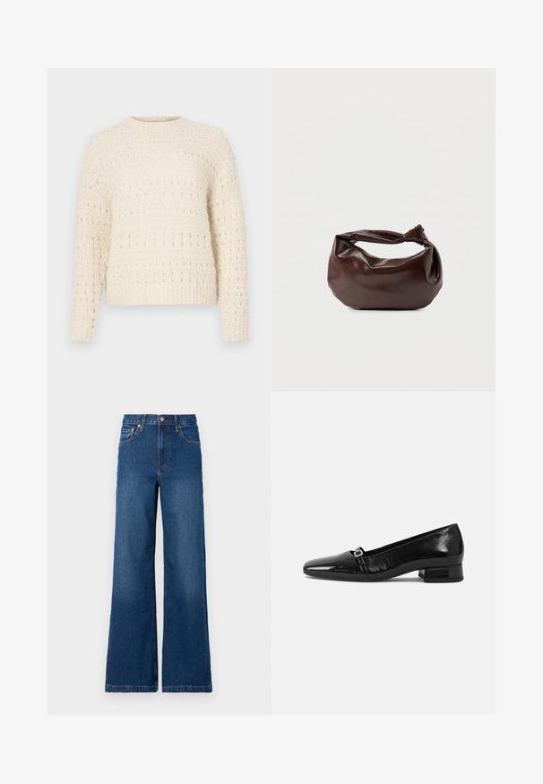 Pull en crème avec un tricot texturé, mettant en avant des bandes horizontales et des mailles ouvertes. Col rond et manches longues. Matière douce et épaisse.; GAP STRIDE SUTTON - Wide Leg - dark wash; Ballet flats en cuir verni noir avec un bout pointu, un petit talon carré et un détail de boucle métallique sur la sangle. Texture lisse.; Sac bandoulière en cuir marron foncé avec une forme souple et décontractée et une anse nouée torsadée sur un fond blanc uni.