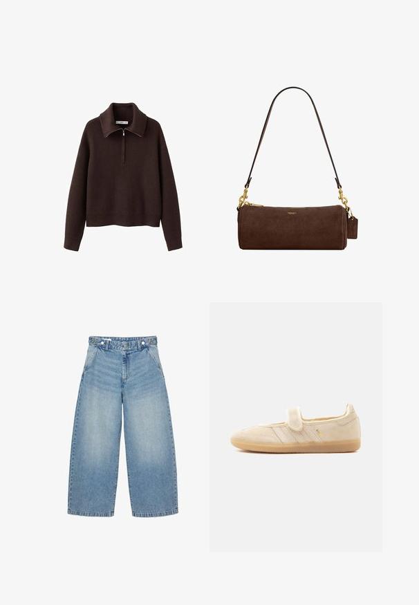 Pull-over marron côtelé avec col montant et fermeture à demi-zip. Présente une coupe décontractée et une texture douce.; Jean en denim bleu clair à jambes larges avec taille haute, poches avant, fermeture par bouton et passants pour ceinture.; Baskets Mary Jane en daim beige avec sangle auto-agrippante, semelle en gomme, trois bandes cousues et marquage doré "SAMBA" sur le côté.; Sac à épaule cylindrique en daim marron avec ferrures dorées, fermeture éclair et une petite étiquette en cuir estampillée fixée près de la sangle.