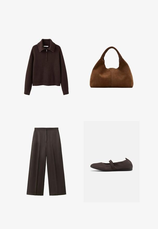 Pull-over marron côtelé avec col montant et fermeture à demi-zip. Présente une coupe décontractée et une texture douce.; Pantalon noir à jambes larges avec taille haute, plis avant et poches latérales, conçu pour une tenue formelle ou professionnelle.; Ballerine marron avec bride élastique et bout arrondi, présentée sur fond blanc, vue de côté.; Sac hobo en daim marron avec une anse large et arrondie et une forme souple et décontractée sur un fond blanc.