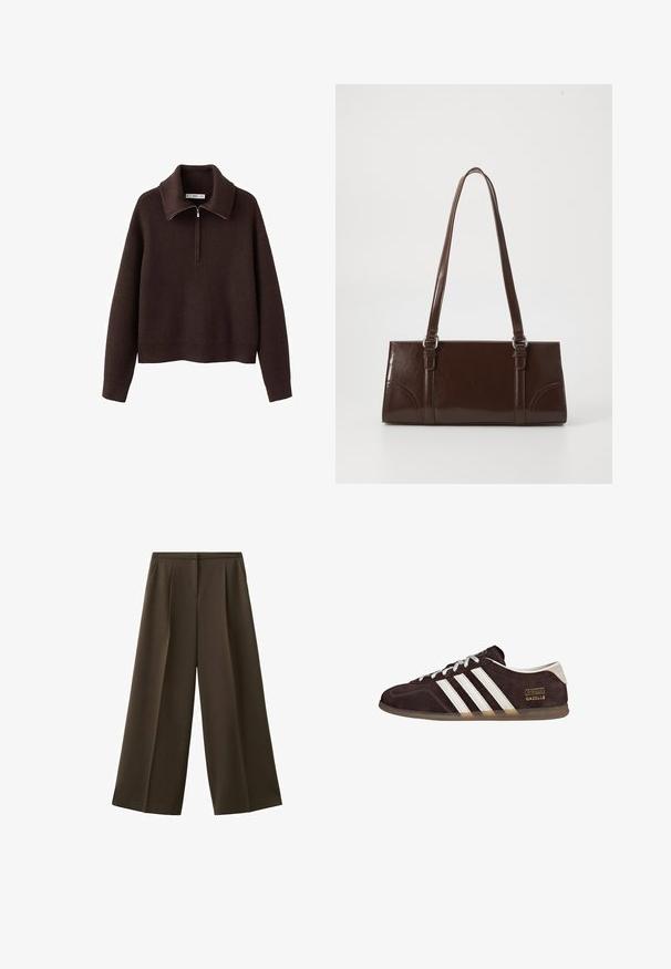 Pull-over marron côtelé avec col montant et fermeture à demi-zip. Présente une coupe décontractée et une texture douce.; Pantalon à jambes larges en tissu marron foncé, avec plis à l'avant et texture lisse. Pas de poches visibles ni d'ornements.; Baskets en suède marron avec trois bandes blanches, semelle en caoutchouc, et étiquette avec le texte "Gazelle" en or. Fermeture à lacets avec lacets gris.; Sac à main en cuir verni marron de forme rectangulaire, avec deux longues poignées et des accents courbés subtils à l'avant.