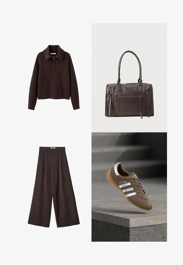 Pull-over marron côtelé avec col montant et fermeture à demi-zip. Présente une coupe décontractée et une texture douce.; Pantalon large marron foncé avec plis à l'avant, fermeture par bouton et passants de ceinture, présenté sur un fond blanc.; Baskets en daim marron avec des rayures blanches et des accents argentés, dotées d'une tige texturée, d'un système de laçage et d'une semelle en caoutchouc gomme.; Sac à main en cuir marron foncé avec double poignée, poche zippée avant et deux détails zippés verticaux sur les côtés, sur fond blanc.