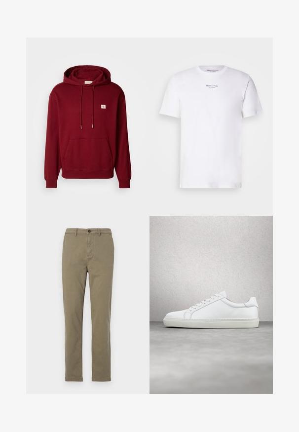 Burgunderfarbener Kapuzenhoodie aus weicher Baumwolle, mit einer Fronttasche, Kordelzügen und einem kleinen Logopatch, sowie gerippten Bündchen und Saum.; Weißes T-Shirt mit kurzen Ärmeln aus Baumwolle und Rundhalsausschnitt. Mit dem schwarzen "Marc O'Polo"-Logo auf der Brust. Glatte Textur, minimalistisches Design.; Olivengrüne Baumwollchinos mit geradem Bein, vorderem Knopfverschluss und seitlichen Taschen. Glatte Textur und minimale Details.; Weißer Sneaker mit glattem Lederobermaterial und niedrigem Profil. Verfügt über eine runde Zehenpartie, sechs Ösen und eine strukturierte Gummisohle.