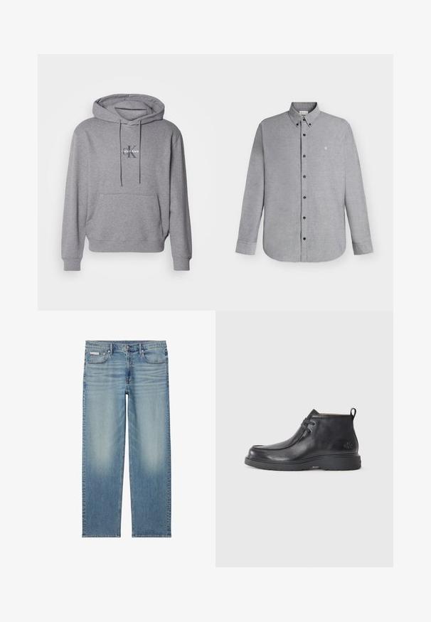 Sudadera gris de pullover hecha de una mezcla de algodón, con un bolsillo canguro, capucha con cordón y logo de Calvin Klein bordado en el pecho.; Camisa de manga larga color gris claro con cierre de botones y cuello abotonado, con un pequeño logo "cK" bordado en el pecho izquierdo.; Vaqueros de corte recto en azul claro con detalles desgastados, botón y cremallera frontal, y diseño de cinco bolsillos, incluyendo una pequeña etiqueta Calvin Klein en el bolsillo.; Botas de cuero negras hasta el tobillo con punta redondeada, diseño con cordones y una lengüeta en la parte trasera. Parte superior texturizada y suela de goma.