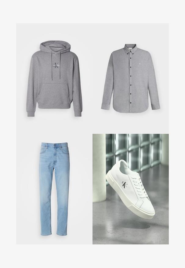 Grauer Pullover Hoodie aus Baumwollmischung, mit Kängurutasche, Kapuze mit Kordelzug und gesticktem Calvin Klein Logo auf der Brust.; Hellgraues langärmeliges Hemd mit Knopfleiste und Knopfkragen sowie kleinem "cK"-Logo, das auf der linken Brustseite eingestickt ist.; Hellblaue Jeans mit geradem Schnitt, fünf Taschen und Gürtelschlaufen. Der Stoff hat eine glatte Textur mit einem leichten Verblassungseffekt.; Weißer Calvin Klein Sneaker mit Schnürsenkeln, schwebend über einem polierten Betonboden und einer Glasbausteinwand im Hintergrund dargestellt.