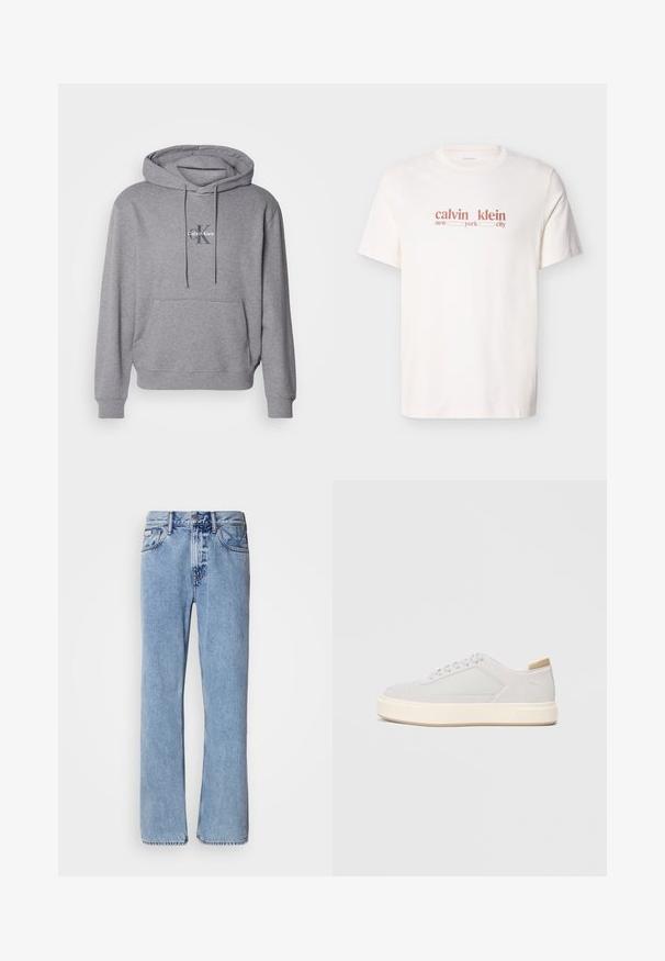 Sudadera gris de pullover hecha de una mezcla de algodón, con un bolsillo canguro, capucha con cordón y logo de Calvin Klein bordado en el pecho.; Camiseta blanca de algodón con texto rojo que dice "calvin klein new york city." Mangas cortas y cuello redondo.; Jeans de mezclilla azul claro con un diseño de pierna recta, cinco bolsillos y cierre de botón. Detalles de costura cerca de los bolsillos y la cintura.; Zapatillas gris claro con parte superior sintética lisa, puntera redonda y una suela intermedia texturizada en color crema. Detalles en color beige claro en el talón.