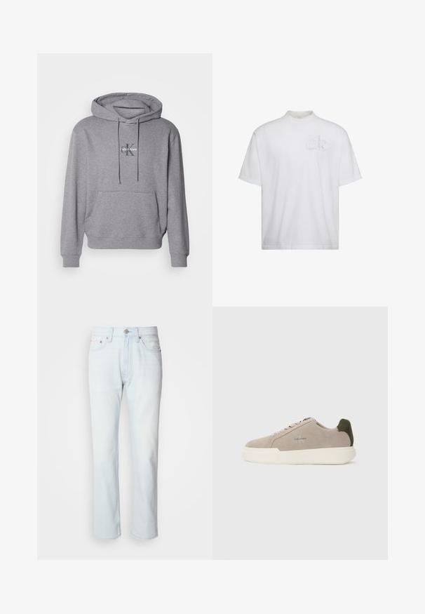 Grauer Pullover Hoodie aus Baumwollmischung, mit Kängurutasche, Kapuze mit Kordelzug und gesticktem Calvin Klein Logo auf der Brust.; Weißes T-Shirt mit kurzen Ärmeln und Stehkragen, mit dezent erhabenem "ck"-Logo auf der linken Brustseite.; Hellblaue Jeans mit geradem Bein. Verfügt über einen Knopfverschluss und Gürtelschlaufen, präsentiert eine ausgebleichte Textur und minimale Nähte.; Beige Wildledersneaker mit einer weißen Gummisohle, die einen dunkelgrünen Akzent an der Ferse und dezente Markenaufschrift an der Seite aufweisen.