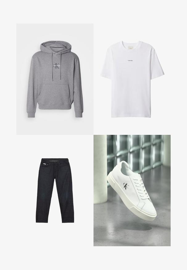 Sudadera gris de pullover hecha de una mezcla de algodón, con un bolsillo canguro, capucha con cordón y logo de Calvin Klein bordado en el pecho.; Camiseta blanca de algodón con cuello redondo y mangas cortas. Cuenta con un pequeño logo negro de "Calvin Klein" centrado en el pecho.; Pantalones vaqueros de mezclilla azul oscuro con corte recto, que cuentan con cinco bolsillos y detalles de costuras mínimas para un aspecto limpio.; Zapatilla blanca Calvin Klein con cordones, mostrada flotando sobre un suelo de cemento pulido y un fondo de pared de bloques de vidrio.