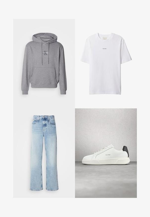 Grå pullover hoodie lavet af en bomuldsblanding, med en kengurulomme, snoretræk til huen, og broderet Calvin Klein logo på brystet.; Hvid bomuld t-shirt med rund hals og korte ærmer. Har en lille sort "Calvin Klein"-logo centreret på brystet.; Lysblå vide jeans med høj talje, der har en falmet finish, bæltestropper og klassisk fem-lomme design. Kantene er rå.; Hvide sneakers med en glat læderoverdel, flade snørebånd og en forhøjet hvid sål. Har en sort detalje ved hælen og et præget logo.