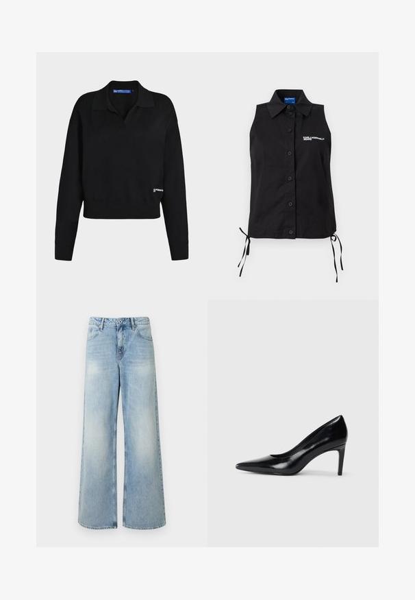 Pull en maille noir à manches longues avec col, poignets et ourlet côtelés, et petit logo blanc près du bas à droite.; Chemisier noir sans manches à boutons, avec col, liens sur les côtés et logo blanc "KARL LAGERFELD JEANS" sur la poitrine gauche.; Jeans en denim bleu clair à jambes larges avec poches avant, passants pour ceinture, fermeture par bouton, et légère décoloration sur les cuisses.; Chaussure à talon haut en cuir noir avec un bout pointu, texture lisse et un talon effilé. Design minimaliste, sans embellissements supplémentaires.