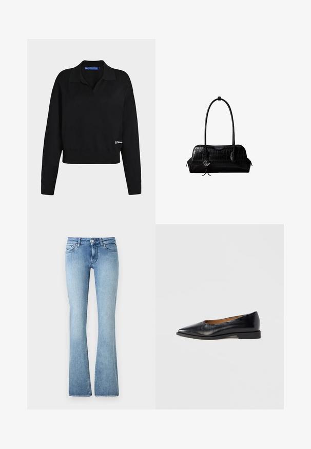 Pull en maille noir à manches longues avec col, poignets et ourlet côtelés, et petit logo blanc près du bas à droite.; Jean en denim bleu clair avec une taille haute, une fermeture éclair et des boutons devant, cinq poches, et des jambes légèrement évasées.; Chaussure plate en cuir noir avec un bout pointu et un petit talon carré. Texture lisse, design minimaliste, sans éléments métalliques visibles ni motifs.; Sac à épaule en cuir noir à texture crocodile, avec de longues sangles et un petit charm logo argenté sur une sangle.