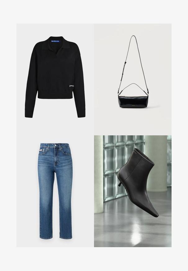 Pull en maille noir à manches longues avec col, poignets et ourlet côtelés, et petit logo blanc près du bas à droite.; Jean bleu taille haute en denim, doté d'une coupe droite, d'un style à cinq poches et d'un léger délavage aux cuisses et aux genoux.; Bottine en cuir noir avec bout pointu et petit talon, présentée devant un mur en blocs de verre et un sol poli.; Sac bandoulière rectangulaire en cuir noir avec bandoulière ajustable, fermeture éclair sur le dessus et petit logo Calvin Klein doré sur le devant.