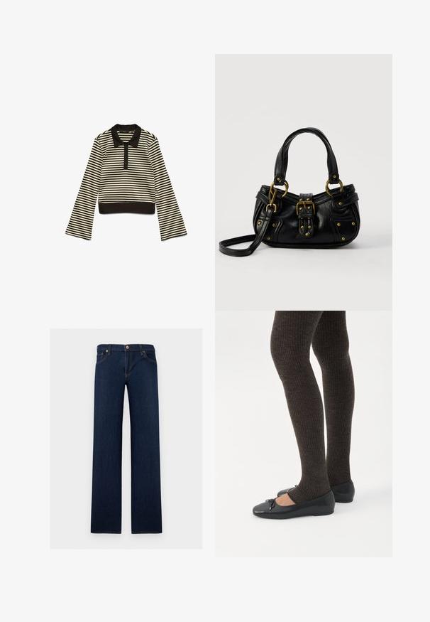 Camisa polo de manga larga a rayas horizontales negras y beige con un cuello negro y una fila de botones, extendida sobre un fondo blanco.; Vaqueros de mezclilla azul oscuro de corte recto, con cinco bolsillos y cierre de botón en la cintura.; Piernas con leggings oscuros acanalados combinados con bailarinas negras que presentan pequeños detalles de lazo sobre un fondo blanco.; Bolso de cuero negro con hebilla y detalles de remaches dorados, asas cortas y una correa de hombro ajustable sobre un fondo blanco liso.