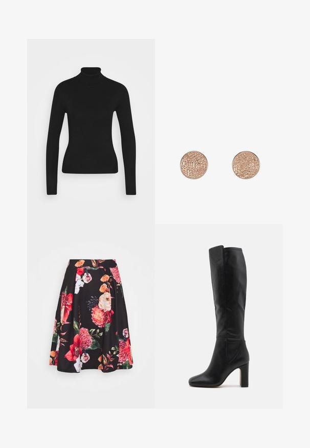 Mustmustik turtleneck sviiter pika varrukaga, valmistatud siledast kudumisest. Omab kitsast disaini ja soonikkoes kraed.; Musthave mustriga mustriga, kus on punased ja roosad lilled. Voltidega disain, pehme kangas ja elastne vöökoht.; Mustad mustekotid, mis on valmistatud siledast nahast. Omab ümmargust ninaosa ja paksu kontsa ning tekstureeritud külgpaneeli, mis lisab detaili.; Ümarad stud-kõrvarõngad roosakullast, millel on tekstureeritud pind ja ristkülikute muster. Siledad servad ja poleeritud viimistlus.