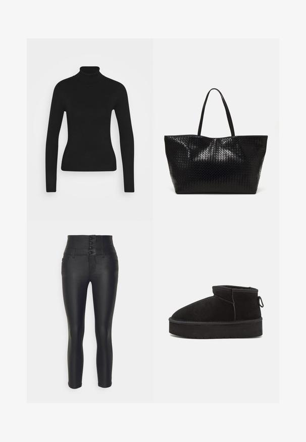 Mustmustik turtleneck sviiter pika varrukaga, valmistatud siledast kudumisest. Omab kitsast disaini ja soonikkoes kraed.; ONLY Petite ONLCORAL - Püksid - black; Must musta jala saapad ümarate varvastega, millel on tõstetud tallad ja külgmine silmus hõlpsaks pealepanekuks. Kujundus on lihtne ja minimaalsete aktsentidega.; Must mustri õmmeldud kott kahe tugeva käepidemega, millel on läikiv tekstuur ja avar avatud ülaosa disain.