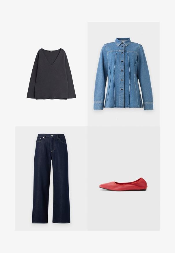 Mørkegrå sweatshirt med dyb V-udskæring, lange ærmer og en afslappet pasform. Lavet af blødt stof med en glat tekstur og uden synlige mønstre.; Blå denim langærmet skjorte med frontknapper, spids krave, lodrette sømme og syede manchetter.; Mørkeblå denimbukser med vide ben, forrest med knap- og lynlåslukning, bæltestropper og synlige gule sømme på lommer og syninger.; Filippa K REY FLATS - Ballerinasko - bright red