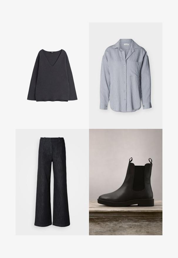 Sweatshirt gris foncé avec un décolleté en V profond, des manches longues et une coupe décontractée. Fabriqué en tissu doux avec une texture lisse et sans motifs visibles.; Chemise à manches longues, bleu clair, à boutons, avec fines rayures blanches verticales et une poche poitrine, présentée sur un fond uni.; Pantalon en denim noir à jambes larges avec une finition texturée, doté de passants pour ceinture et d'un ourlet net. Design classique, adapté à diverses occasions.; Bottine en cuir noir avec des panneaux latéraux élastiques et un petit talon, dotée d'une finition lisse et d'un bout arrondi, positionnée au-dessus d'une surface en bois.