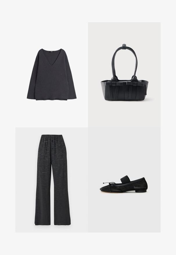 Sweatshirt gris foncé avec un décolleté en V profond, des manches longues et une coupe décontractée. Fabriqué en tissu doux avec une texture lisse et sans motifs visibles.; Pantalon noir à jambes larges avec ceinture élastique, deux boutons à l'avant et un motif discret en texte imprimé sur l'ensemble.; Chaussure plate noire avec un bout pointu, fabriquée en tissu texturé, avec un accent à nœud et un petit talon rond. Sangle élastique au niveau de la cheville.; Sac à main en cuir noir avec deux poignées, sangles décoratives et une base rectangulaire sur un fond uni clair.