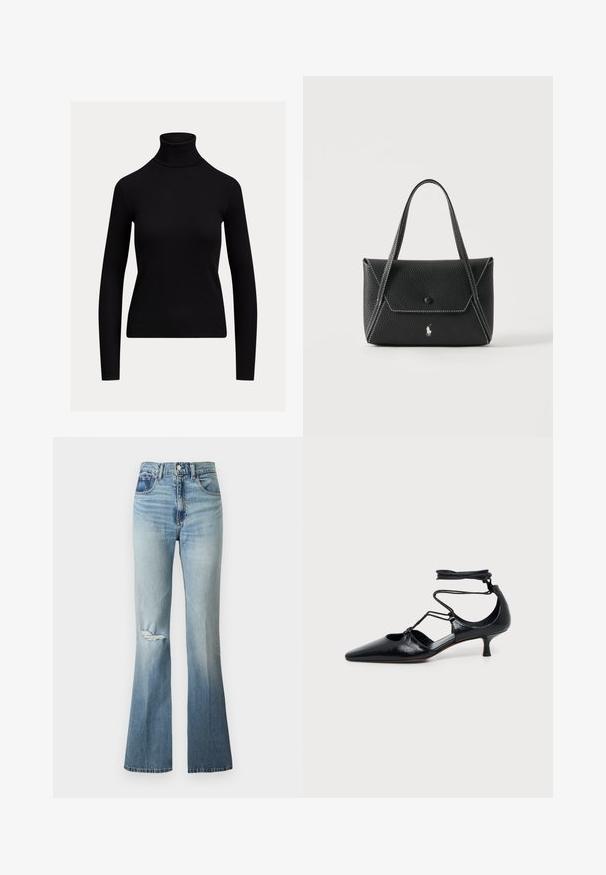 Sort, tætsiddende rullekravebluse med lange ærmer og ribstrikket tekstur, vist på en ensartet lys baggrund.; Lyseblå high-waist denim jeans med let falming, sliddetalje på venstre knæ og udvidede ben.; Sort spids kitten heel sko med ankelstropper og udskæringsdetaljer på siderne, vist på en ensfarvet lys baggrund.; Sort læderhåndtaske med to håndtag, frontklap med knaplukning, hvide syninger og lille hestelogo på ensfarvet baggrund.