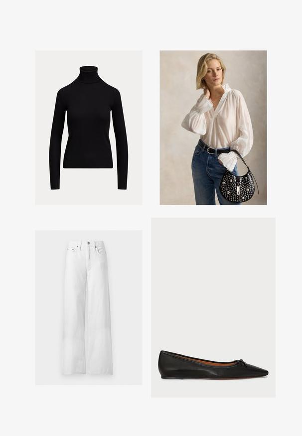 Zwarte, aansluitende coltrui met lange mouwen en geribbelde textuur, afgebeeld op een effen lichte achtergrond.; Witte jeans met hoge taille en wijde pijpen, met knoop aan de voorkant, rits, riemlussen en ontwerp met vijf zakken op een effen achtergrond.; Zwarte leren balletschoenen met een spitse neus, slanke silhouet en een klein strikdetail aan de voorkant. Gladde textuur en minimalistisch ontwerp.; Vrouw met kort blond haar die een witte blouse en een blauwe spijkerbroek draagt en een zwarte handtas met studs en een enkele band vasthoudt.