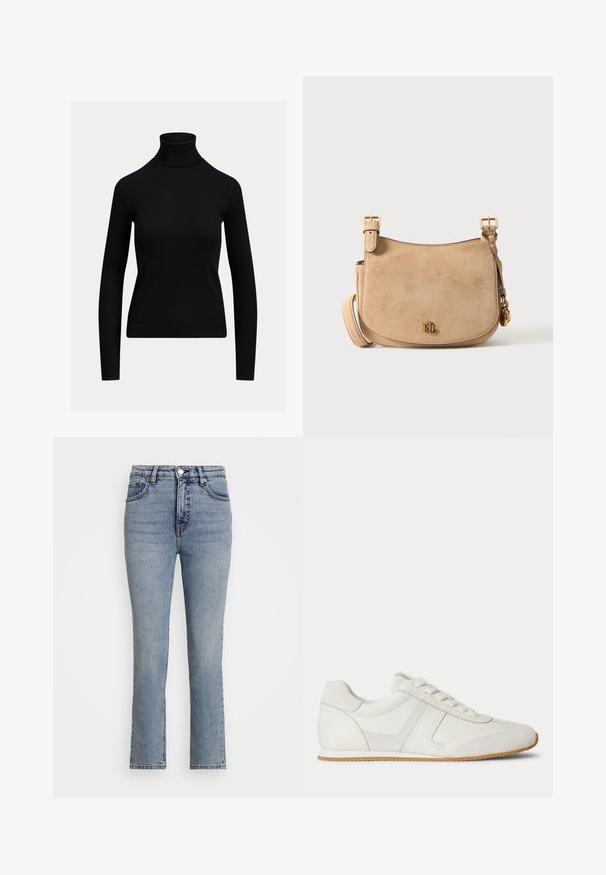 Pull noir ajusté à manches longues avec col roulé et texture côtelée, présenté sur un fond clair uni.; Jeans en denim bleu clair avec une taille haute, des jambes droites et un léger usure. Comprend un bouton en métal et des coutures contrastées.; Baskets basses blanches avec laçage à l'avant, panneaux en daim et cuir, et une semelle en caoutchouc marron clair sur fond blanc.; Sac bandoulière en daim beige avec des sangles à boucle dorée et un petit logo doré "RL" à l'avant, sur un fond clair uni.