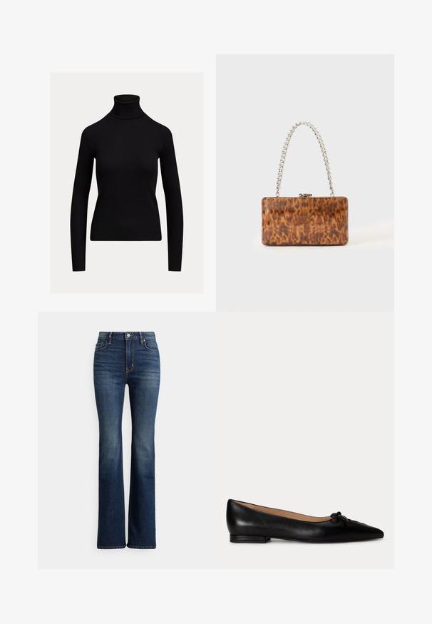 Zwarte, aansluitende coltrui met lange mouwen en geribbelde textuur, afgebeeld op een effen lichte achtergrond.; Donkerblauwe high-waist bootcut jeans met knoopsluiting aan de voorkant en zakken, lichte vervaging op de dijen en knieën, weergegeven tegen een witte achtergrond.; Zwarte leren platte schoen met puntige neus en kleine strikdetail bovenop, lage hak en beige binnenvoering.; Rechthoekige bruine handtas met schildpadmotief, zilveren kettinghengsel, kliksluiting en glanzende afwerking, getoond tegen een lichte, effen achtergrond.