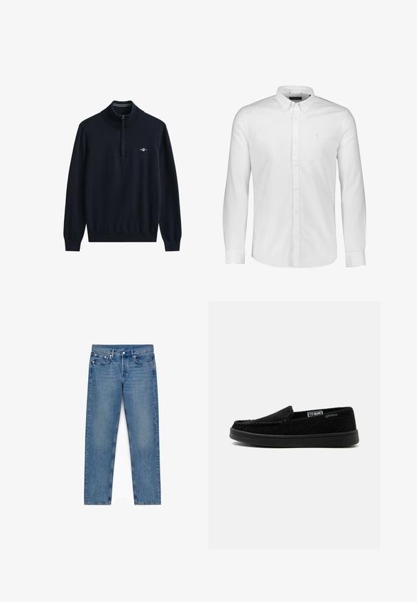 Marineblå sweater med høj krave og halv lynlås. Ribstrikkede manchetter og kant. Har en lille hvid logo på brystet. Blødt, strikket stof.; Hvid bomulds skjorte med lange ærmer, knapkrave, frontknapper og et lille broderet logo på venstre bryst. Glat tekstur.; Lys blå denim jeans med lige ben-design, fem lommer, subtil slidtegn og sølvhardware. Syet detaljering ved sømmene.; Sort slip-on afslappet sko med syet moc tå-design, quiltet sidepanel, gummisål og lille mærkelap indeni og på siden.