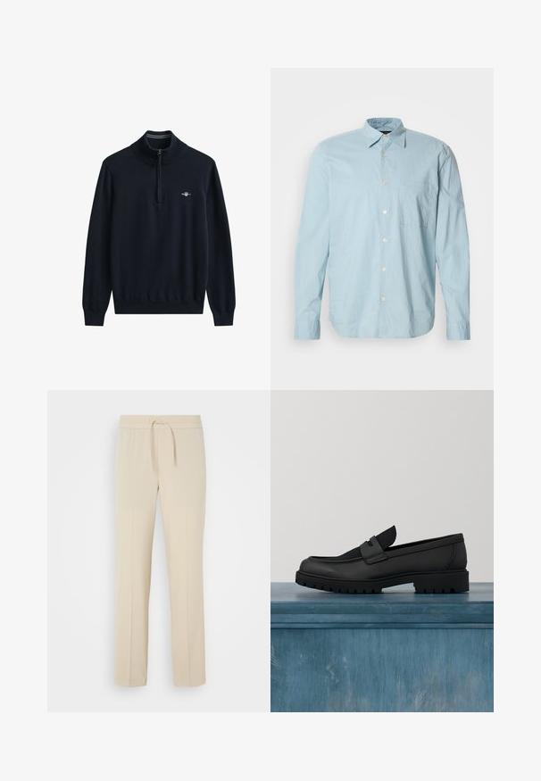 Marineblå sweater med høj krave og halv lynlås. Ribstrikkede manchetter og kant. Har en lille hvid logo på brystet. Blødt, strikket stof.; Lyseblå ternet skjorte med lange ærmer, knap-ned krave, brystlomme og hvide knapper. Fremstillet af et glat stof.; Beige, elastisk taljebukser med snoretræk. Har lige ben og en glat tekstur, velegnet til afslappet brug eller afslapning.; Sort lædersko uden snørebånd med en tekstureret stofdetalje, en robust gummisål og en glat finish. Har diskrete syningsdetaljer.