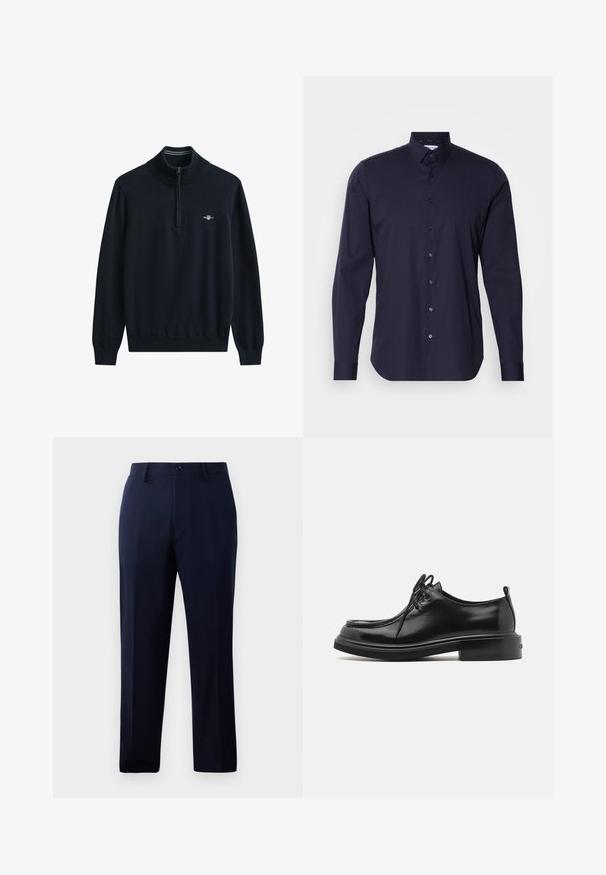 Suéter azul marino con cuello alto y medio cierre. Puños y dobladillo acanalados. Presenta un pequeño logo blanco en el pecho. Tejido suave y de punto.; Camisa de botones azul marino con mangas largas, cuello clásico y un diseño ajustado. Fabricada con una tela suave y con un logo sutil en el pecho.; Pantalones navy hechos de una tela suave, con un diseño clásico de pierna recta, bolsillos frontales y un cierre de botón en la cintura.; Calvin Klein LACE UP APRON BRUSH OFF - Zapatos de vestir - black