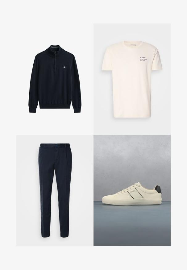 Suéter azul marino con cuello alto y medio cierre. Puños y dobladillo acanalados. Presenta un pequeño logo blanco en el pecho. Tejido suave y de punto.; Camiseta de algodón color crema con cuello redondo, mangas cortas y un pequeño estampado en navy en el pecho que dice "GANT 32 EAST 39TH ST. NEW YORK."; Pantalones azul marino hechos de una mezcla de algodón, con un corte recto, pliegues frontales y un cierre de botón en la cintura. Textura suave, sin patrones.; Zapatillas de color crema con una textura suave, que presentan acentos y marcas en negro. Diseño clásico de cordones con punta redonda y suela de goma.